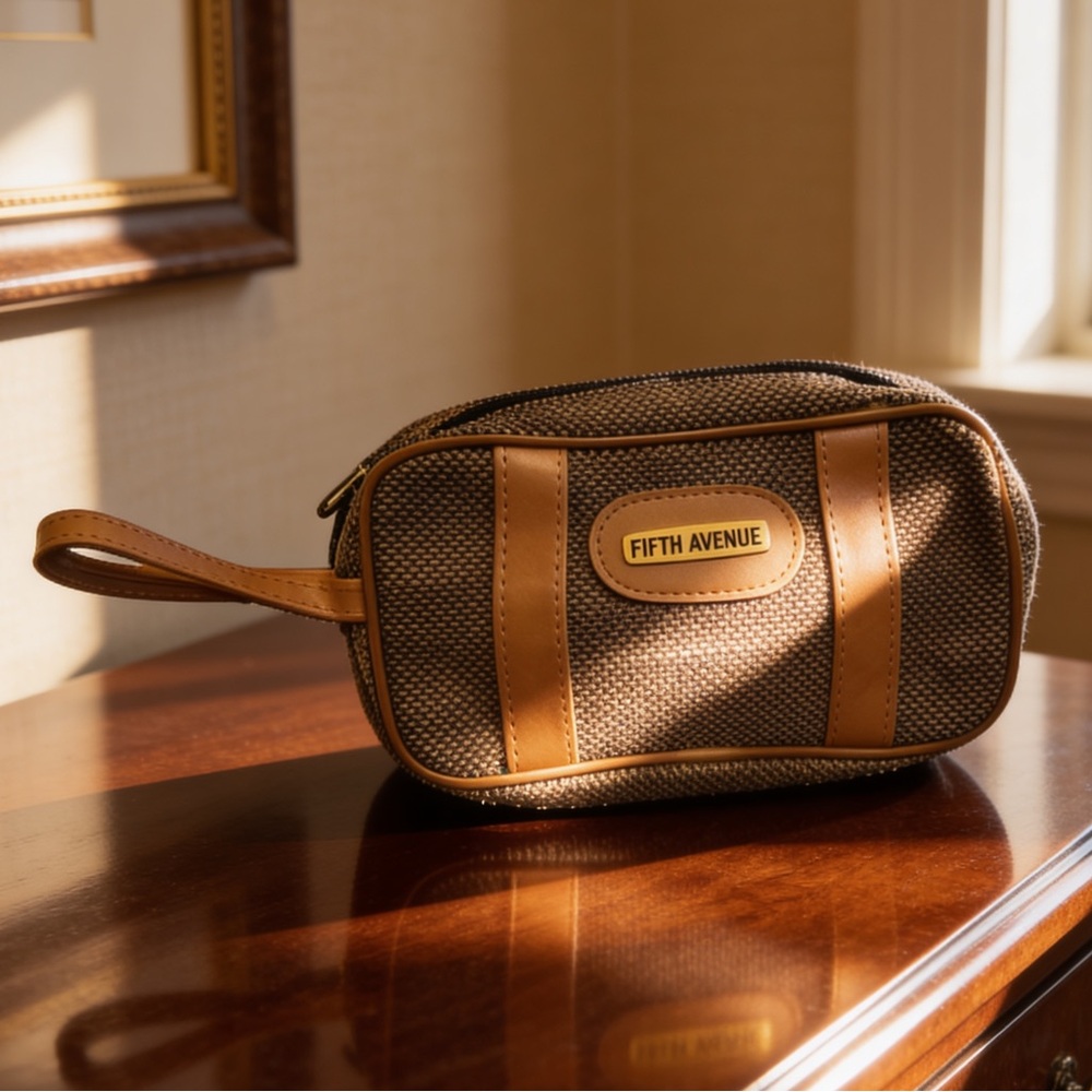 Saks Fifth Avenue | Brown Tweed & Leather Toiletries or Cosmetic Bag